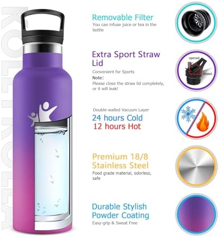 KollyKolla Edelstahl Trinkflasche 1L – Auslaufsichere, BPA-freie Thermoskanne mit Strohhalm für Sport & Reisen