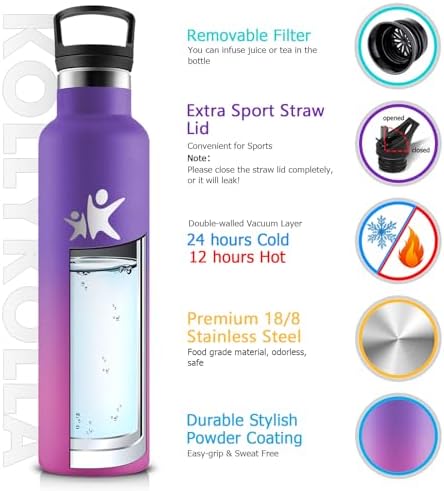 KollyKolla Edelstahl Trinkflasche 1L – Auslaufsichere, BPA-freie Thermoskanne mit Strohhalm für Sport & Reisen