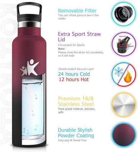 KollyKolla Edelstahl Trinkflasche 1L – Auslaufsichere, BPA-freie Thermoskanne mit Strohhalm für Sport & Reisen
