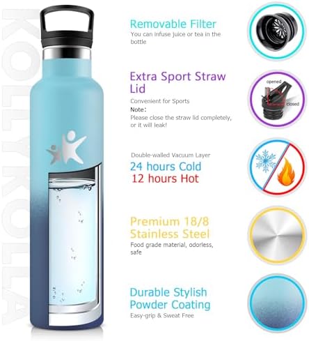 KollyKolla Edelstahl Trinkflasche 1L – Auslaufsichere, BPA-freie Thermoskanne mit Strohhalm für Sport & Reisen