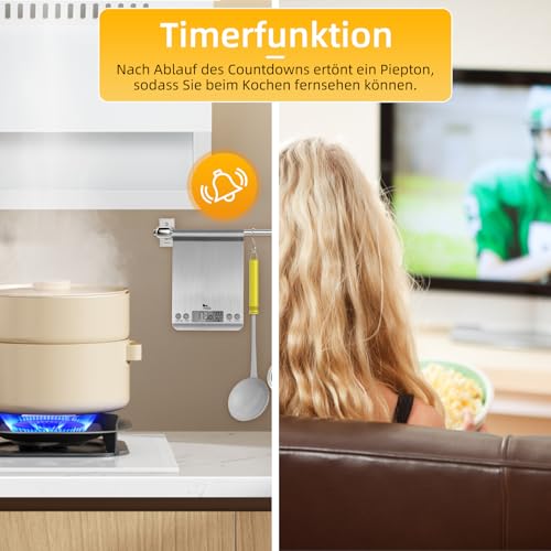 Himaly 5KG Digitale Küchenwaage aus Edelstahl mit Abnehmbarer Schüssel für Backen und Kochen, Tara-Funktion und LCD-Disp