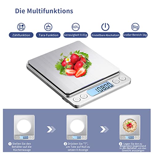 1kg USB Aufladen Digitale Feinwaage - Hochpräzise Edelstahl Küchenwaage für Schmuck, Münzen und Backen
