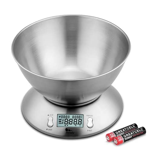 Himaly 5KG Digitale Küchenwaage aus Edelstahl mit Abnehmbarer Schüssel für Backen und Kochen, Tara-Funktion und LCD-Disp