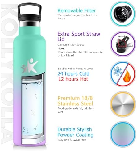 KollyKolla Edelstahl Trinkflasche 1L – Auslaufsichere, BPA-freie Thermoskanne mit Strohhalm für Sport & Reisen