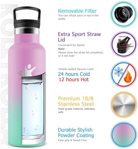 KollyKolla Edelstahl Trinkflasche 1L – Auslaufsichere, BPA-freie Thermoskanne mit Strohhalm für Sport & Reisen