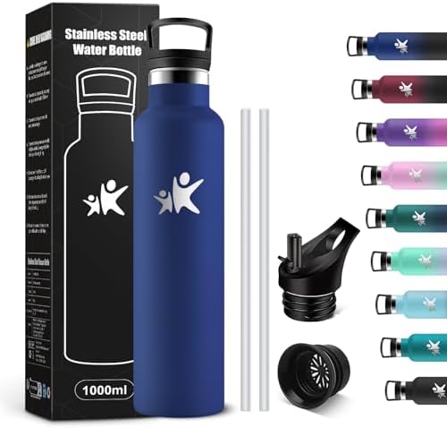 KollyKolla Edelstahl Trinkflasche 1L – Auslaufsichere, BPA-freie Thermoskanne mit Strohhalm für Sport & Reisen