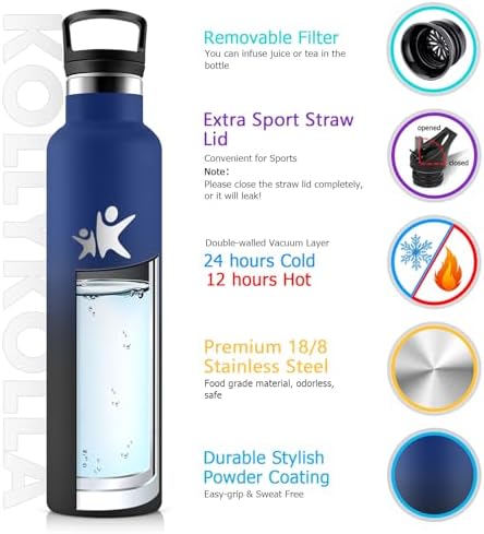 KollyKolla Edelstahl Trinkflasche 1L – Auslaufsichere, BPA-freie Thermoskanne mit Strohhalm für Sport & Reisen