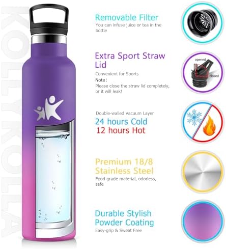 KollyKolla Edelstahl Trinkflasche 1L – Auslaufsichere, BPA-freie Thermoskanne mit Strohhalm für Sport & Reisen