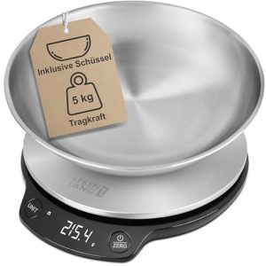 LEBENLANG Küchenwaage mit Schüssel – Digitale Waage bis 5 kg, ideal fürs Backen in der Küche