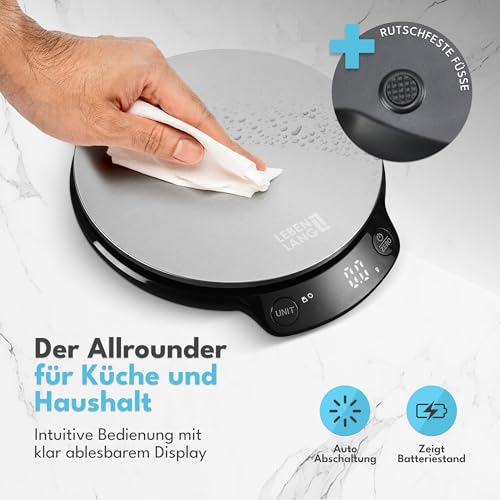 LEBENLANG Küchenwaage mit Schüssel – Digitale Waage bis 5 kg, ideal fürs Backen in der Küche