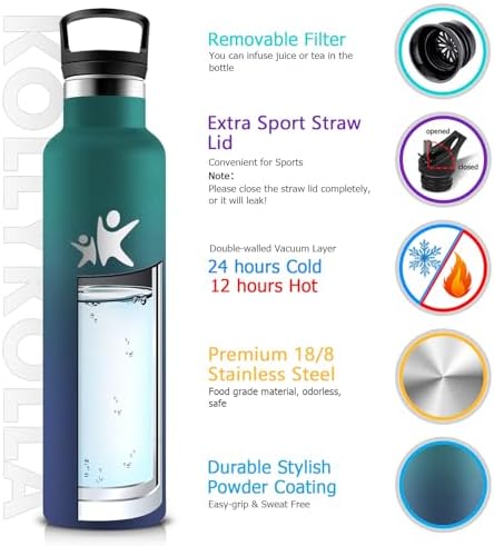 KollyKolla Edelstahl Trinkflasche 1L – Auslaufsichere, BPA-freie Thermoskanne mit Strohhalm für Sport & Reisen