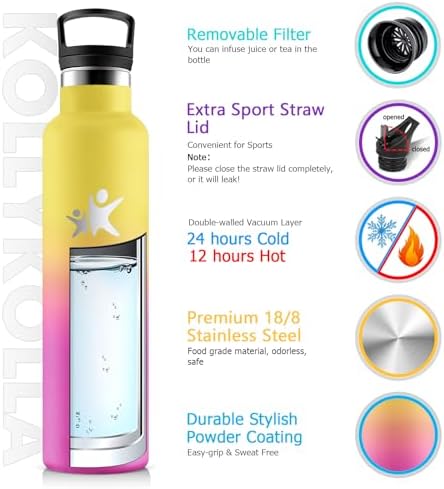 KollyKolla Edelstahl Trinkflasche 1L – Auslaufsichere, BPA-freie Thermoskanne mit Strohhalm für Sport & Reisen