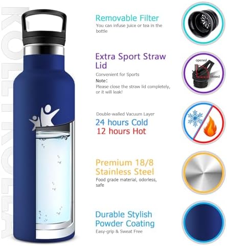KollyKolla Edelstahl Trinkflasche 1L – Auslaufsichere, BPA-freie Thermoskanne mit Strohhalm für Sport & Reisen