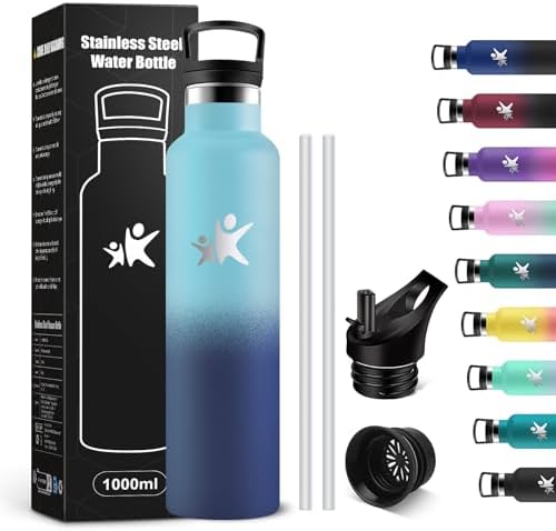 KollyKolla Edelstahl Trinkflasche 1L – Auslaufsichere, BPA-freie Thermoskanne mit Strohhalm für Sport & Reisen
