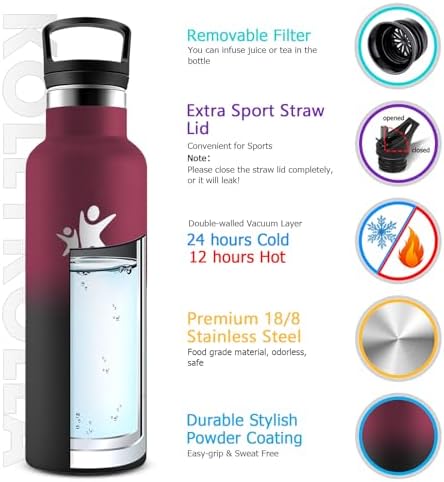 KollyKolla Edelstahl Trinkflasche 1L – Auslaufsichere, BPA-freie Thermoskanne mit Strohhalm für Sport & Reisen