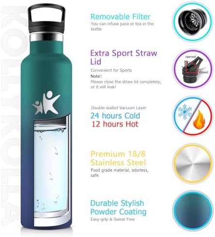 KollyKolla Edelstahl Trinkflasche 1L – Auslaufsichere, BPA-freie Thermoskanne mit Strohhalm für Sport & Reisen