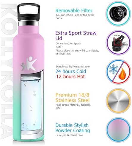 KollyKolla Edelstahl Trinkflasche 1L – Auslaufsichere, BPA-freie Thermoskanne mit Strohhalm für Sport & Reisen