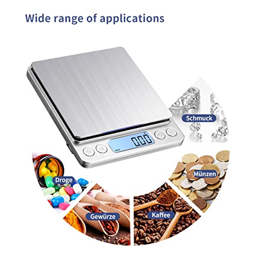 1kg USB Aufladen Digitale Feinwaage - Hochpräzise Edelstahl Küchenwaage für Schmuck, Münzen und Backen
