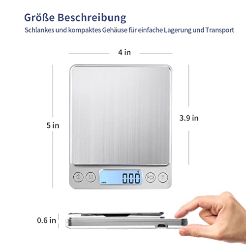 1kg USB Aufladen Digitale Feinwaage - Hochpräzise Edelstahl Küchenwaage für Schmuck, Münzen und Backen