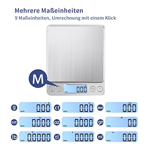 1kg USB Aufladen Digitale Feinwaage - Hochpräzise Edelstahl Küchenwaage für Schmuck, Münzen und Backen