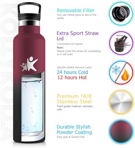 KollyKolla Edelstahl Trinkflasche 1L – Auslaufsichere, BPA-freie Thermoskanne mit Strohhalm für Sport & Reisen