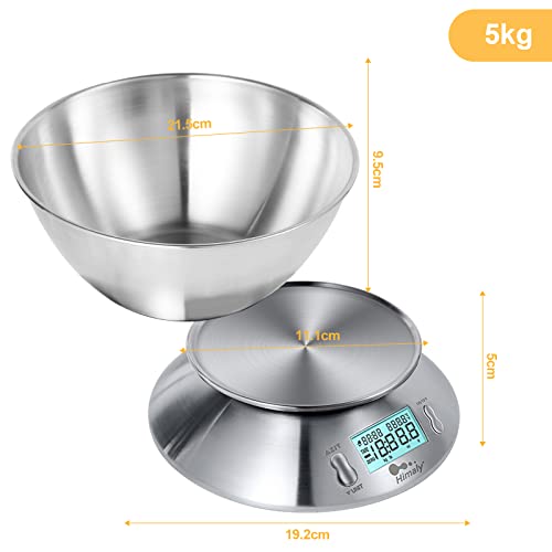 Himaly 5KG Digitale Küchenwaage aus Edelstahl mit Abnehmbarer Schüssel für Backen und Kochen, Tara-Funktion und LCD-Disp