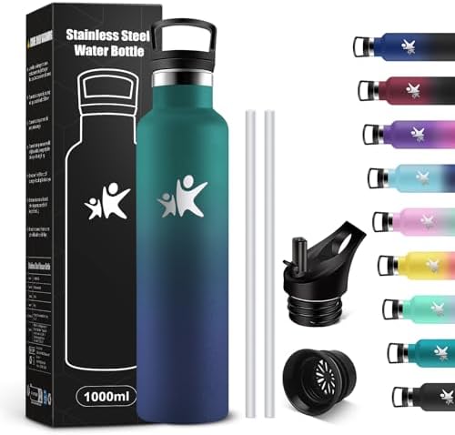 KollyKolla Edelstahl Trinkflasche 1L – Auslaufsichere, BPA-freie Thermoskanne mit Strohhalm für Sport & Reisen