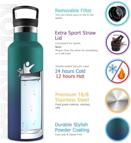 KollyKolla Edelstahl Trinkflasche 1L – Auslaufsichere, BPA-freie Thermoskanne mit Strohhalm für Sport & Reisen