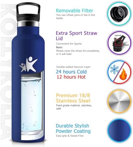 KollyKolla Edelstahl Trinkflasche 1L – Auslaufsichere, BPA-freie Thermoskanne mit Strohhalm für Sport & Reisen