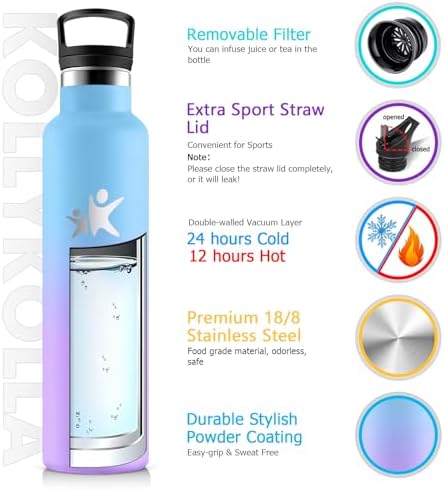 KollyKolla Edelstahl Trinkflasche 1L – Auslaufsichere, BPA-freie Thermoskanne mit Strohhalm für Sport & Reisen