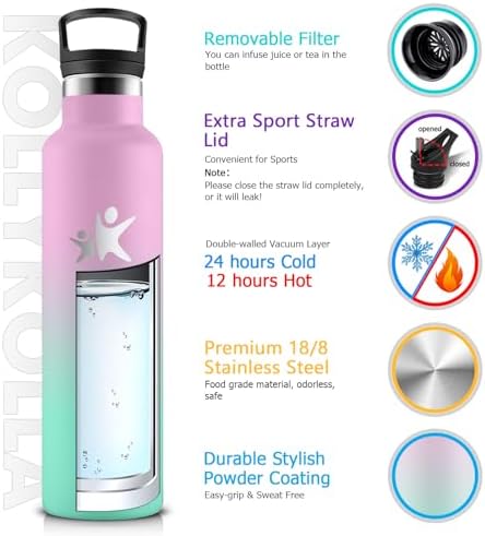 KollyKolla Edelstahl Trinkflasche 1L – Auslaufsichere, BPA-freie Thermoskanne mit Strohhalm für Sport & Reisen