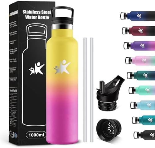 KollyKolla Edelstahl Trinkflasche 1L – Auslaufsichere, BPA-freie Thermoskanne mit Strohhalm für Sport & Reisen