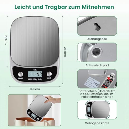 Himaly 5KG Digitale Küchenwaage aus Edelstahl mit Abnehmbarer Schüssel für Backen und Kochen, Tara-Funktion und LCD-Disp