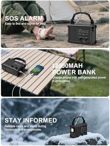 ROCAM Notfallradio 12000mAh - Tragbares Kurbelradio mit Solarpanel & LED für Camping & Notfälle