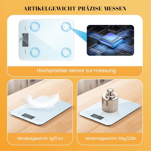 Himaly 5KG Digitale Küchenwaage aus Edelstahl mit Abnehmbarer Schüssel für Backen und Kochen, Tara-Funktion und LCD-Disp