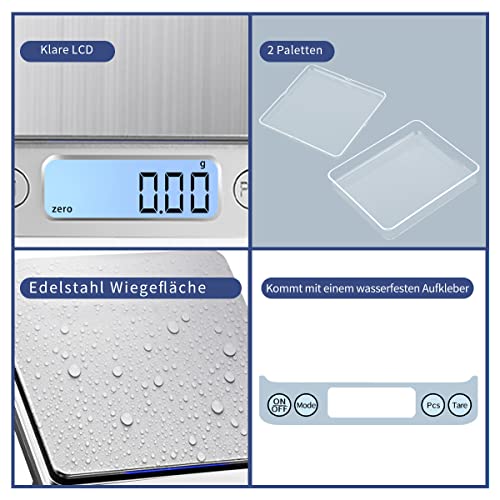 1kg USB Aufladen Digitale Feinwaage - Hochpräzise Edelstahl Küchenwaage für Schmuck, Münzen und Backen