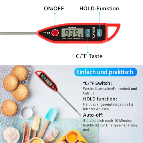 BOMATA IPX7 Wasserdichtes Lebensmittelthermometer für Kochen und Grillen – Sofort ablesbar mit langer Sonde!