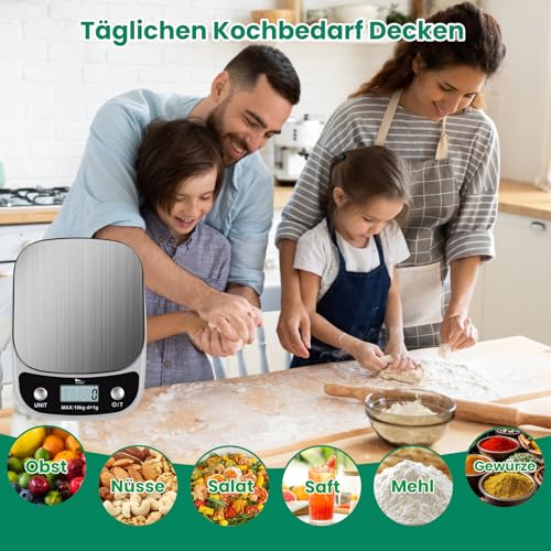 Himaly 5KG Digitale Küchenwaage aus Edelstahl mit Abnehmbarer Schüssel für Backen und Kochen, Tara-Funktion und LCD-Disp