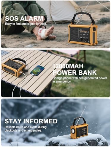 ROCAM Notfallradio 12000mAh - Tragbares Kurbelradio mit Solarpanel & LED für Camping & Notfälle