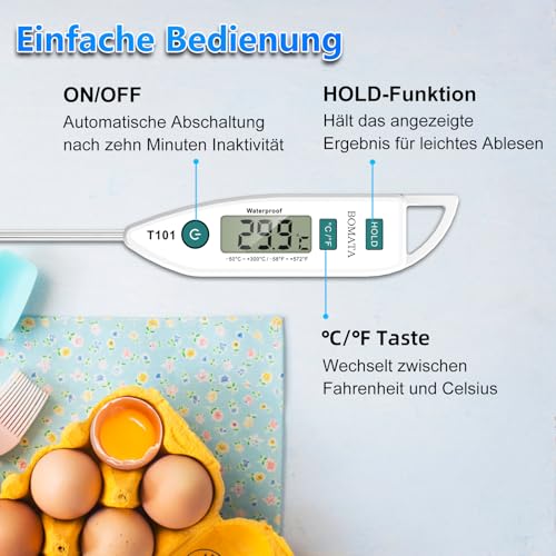 BOMATA IPX7 Wasserdichtes Lebensmittelthermometer für Kochen und Grillen – Sofort ablesbar mit langer Sonde!