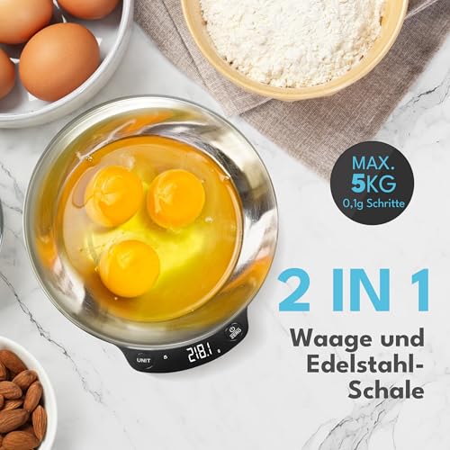 LEBENLANG Küchenwaage mit Schüssel – Digitale Waage bis 5 kg, ideal fürs Backen in der Küche