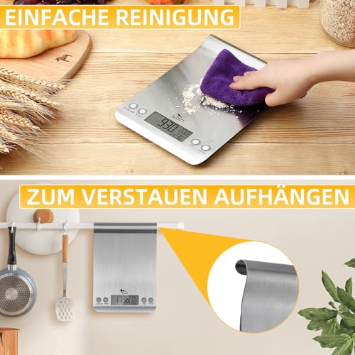 Himaly 5KG Digitale Küchenwaage aus Edelstahl mit Abnehmbarer Schüssel für Backen und Kochen, Tara-Funktion und LCD-Disp