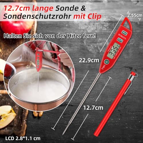 BOMATA IPX7 Wasserdichtes Lebensmittelthermometer für Kochen und Grillen – Sofort ablesbar mit langer Sonde!