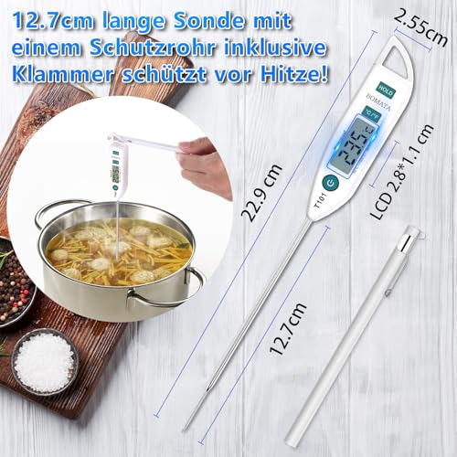 BOMATA IPX7 Wasserdichtes Lebensmittelthermometer für Kochen und Grillen – Sofort ablesbar mit langer Sonde!